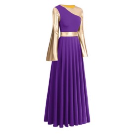 IBAKOM Women Adult Metallic Gold Color Block Long Sleeve Praise Dance Worship Robe Dress Loose Fit Full Length Liturgical Tunic Circle Skirt Lyrical Dancewear Swing Gowns Ballet Costume Purple-Gold S