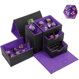 Leather Dice Tray & Tower Storage Box, 3 in 1 Dice Holder Case (Rolling Tray, Tower, Storage Drawers), Magnetic Closure DND Accessories Gifts for RPG MTG, Black/Violet