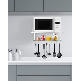 QWORK Microwave Oven Rack Shelf, Wall Mount Electric Oven Holders, Aluminum Double-Layer Microwave & Spice Rack, 2 Shelves with 10 Hooks, Support Load 88lbs, 21.65"x15"x9.84"