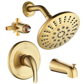 Shower Tub Faucet Sets Complete with Diverter, 5 Spray Settings, 6-Inch Bathtub Waterfall Handle Combo, 2.5 GPM High-Pressure Rain Shower Head System, Brushed Gold