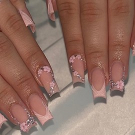 Hkanlre French Medium Fake Nails Tips Coffin Press on Nails Flower Full Cover Rhinestones False Nails for Women 24PCS