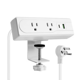 Desk Clamp Power Strip with USB,45 Degree Thin Flat Plug 10 Feet Extension Cord 1875W, PD 30W Fast Charging, Desk Edge Mount Power Strip, 2 Widely Spaced AC Outlets,2 USB Ports (Type A+C), ETL Listed