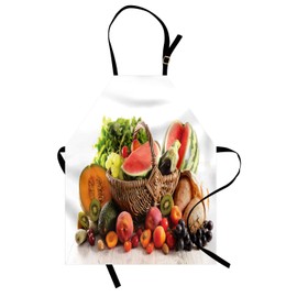 Ambesonne Fruits and Vegetables Apron, Basket Full of Various Garden Elements Healthy Nutrition Elements, Unisex Kitchen Bib with Adjustable Neck for Cooking Gardening, Adult Size, Multicolor