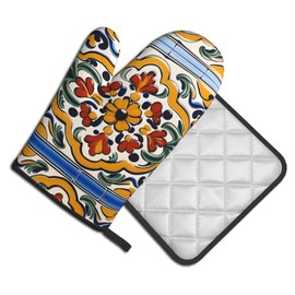 YYHWHJDE Mexican Ceramic Tile Printed Quality Oven Mitts and Pot Holders Sets of 2 Kitchen Baking Used to open pot lids in the kitchen