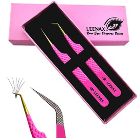 Leenax 2 Pieces Fiber Tip (Anti – Slip) Eyelash Extension Tweezers, Straight and 45-Degree Volume Tweezers, Japanese Stainless Steel (Pink)