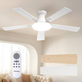 Passky Ceiling Fans with Lights, 52 inch Flush Mount Ceiling fan with Remote Control, Low Profile Ceiling Fan for Bedroom, Farmhouse, Reversible, 3CCT, Dimmable, Noiseless DC Motor, White