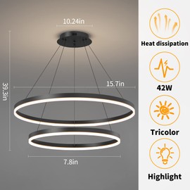 Matven Modern Ceiling Chandelier Light, Acrylic Anti-Flicker Black Pendant Light Fixtures with Remote Control Dimmable 3 Color Mode & Brightness Island Lights for Kitchen Dining Room