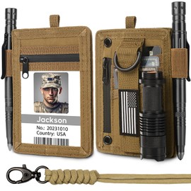 TALONITE RFID 900D Nylon Tactical ID Badge Holder with Waterproof Zipper Pocket, EDC Pouch Organizer for Men, Credit Card Organizer Neck Lanyard Key Ring Wallet (Coyote Brown)