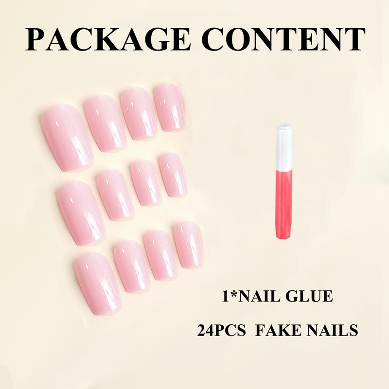 MERVF Square Press on Nails Medium Pure Pink Squoval Glue