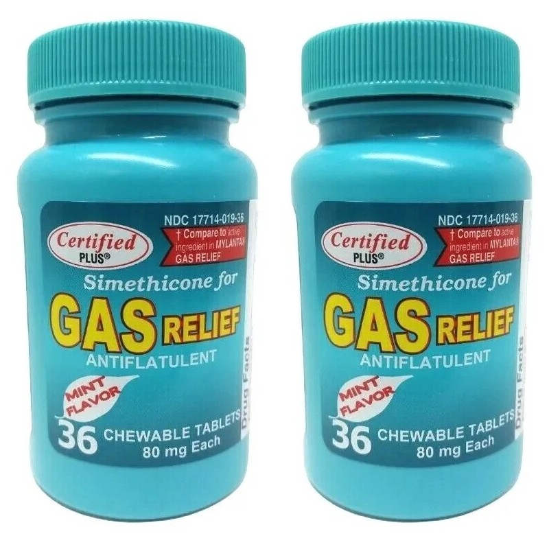 Certiifiedplus 2-PK Simethicone Gas Relief Chewable Tablets 80mg Anti-Gas Bloating