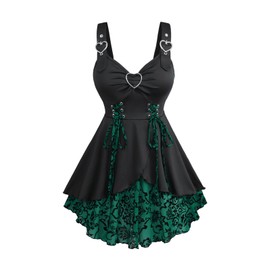 ROSE GAL Womens Plus Size Floral Flocking Tulip Hem Layered Ruffles Lace Up Ruched Heart Buckles Gothic Tank Top(Green/1X)