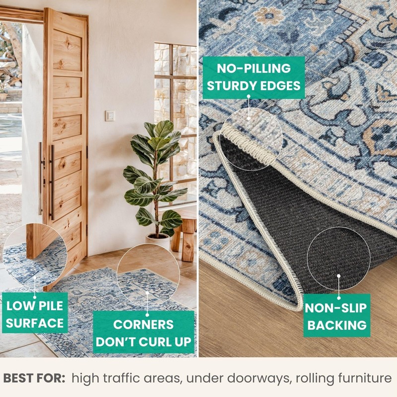Bloom Rugs Caria Washable Non-Slip 7 ft Runner - Blue