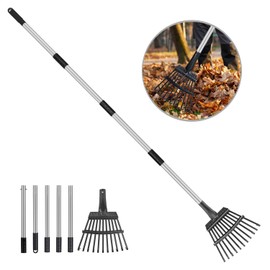 Small Leaf Rake with 11 Metal Tines, 29-72 Inch Rake for Leaves Adjustable Stainless Steel Handle 8'' Wide Garden Rake for Shrub, Flower Bed & Small Area