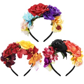 KFZR Mexican Rose Flower Crown Headband, Cinco De Mayo Floral Headbands, Mardi Gras Costume Headpiece Bridal Cosplay Hair Accessories for Women (3 Pcs)