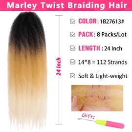 RuiYok 8 Packs 24 Inch Marley Twist Crochet Hair Ombre Marley Braiding Hair Crochet Braids Long Pre-Separated Springy Afro Kinky Twist Hair for Faux Locs Curly Braiding Hair Extensions 1B27613#