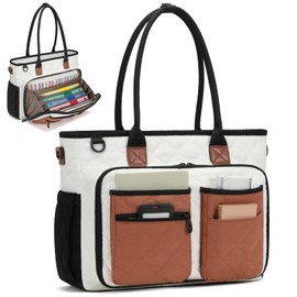 Teacher Tote Bag for Women, Large Teacher Work Bag with Accordion File Organizer Pocket, 15.6 inch Laptop Briefcase for Office, College, Nursing, Brown