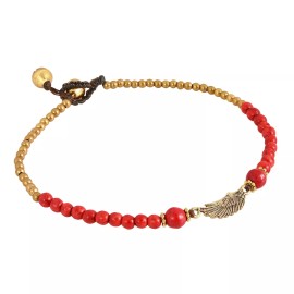 AeraVida Charming Brass Wing with Red Synthetic Coral Beads Handmade Anklet