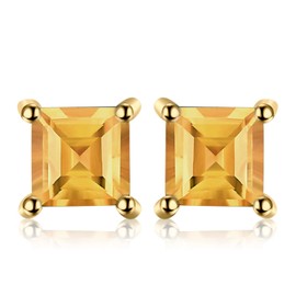 JewelryPalace Square 0.6ct Natural Citrine Stud Earrings for Women, Yellow Solitaire Natural Gemstone 925 Sterling Silver 14k Yellow Gold Plated Earrings for Girls, Anniversary Earrings for Her