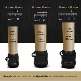 MARA WOHNHELFER® 24 x Round Chair Leg Caps - Size S (14-19 mm) - Black TPE Protective Caps with 360° Reinforced Felt - Felt Glides for Chairs - Floor Protection & Quiet Gliding