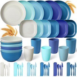 Layhit 48 Pcs Wheat Straw Dinnerware Sets for 6 Unbreakable Microwave Safe Tableware Sets Reusable Plastic Plates and Bowls Sets Cups Knives Forks Spoons Cutlery Set for Camping Picnic (Blue Series)