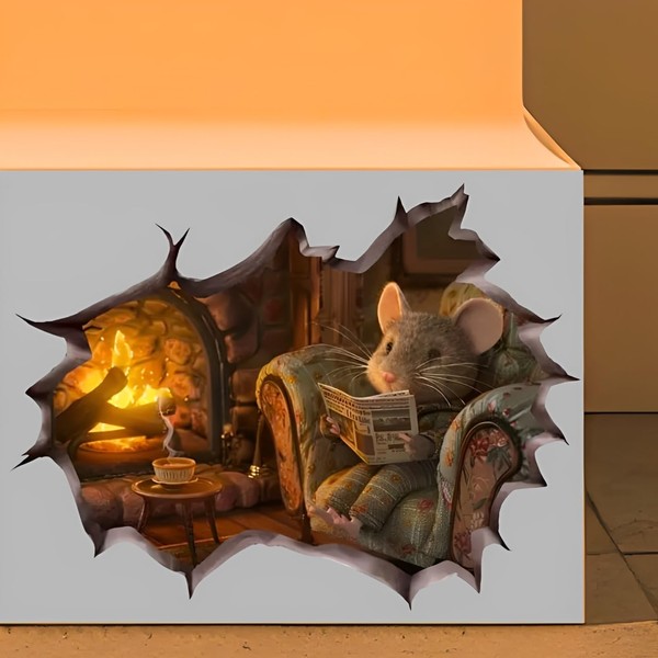 Cozy Mouse Wall Decal, 3D Fireplace Scene Decorative Sticker, Vinyl
