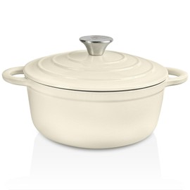 Trustmade 3 QT Cast Iron Dutch Oven, Enamel Coated Cookware Pot with Self Basting Lid for Home Baking, Braiser, Cooking, White