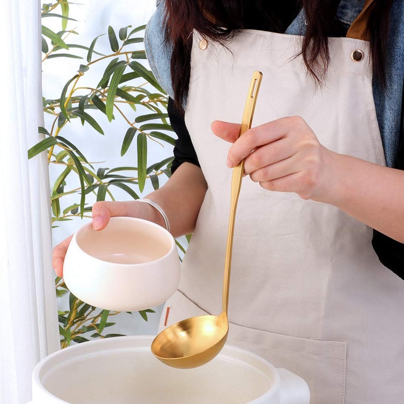 2 Pieces Gold Metal Soup Ladle Colander Set, Long Handle