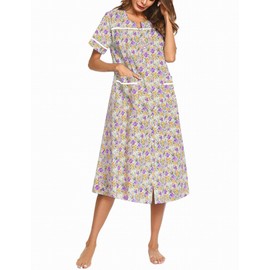 Ekouaer Womens Snap Front Dusters Cotton Housecoat Short Sleeve Nightgown House Dress With Pockets Apricot Floral M