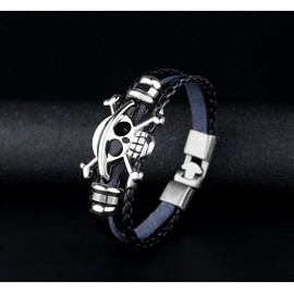 Black Bracelet Mens Pirate Braided Leather Bangle Stainless Steel Cuff Wristband