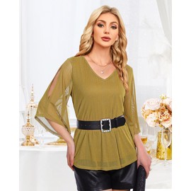 Vafoly Blouse Women's Elegant Short Sleeve Summer Tunic V-Neck Mesh Top Flowers Double Layer Tunic, moss green, L