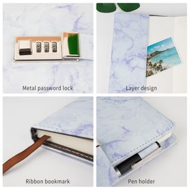 Marble Diary with Lock, Refillable A5 Daily Journal for Girls and Women, 192 Pages Cute Notebook with Combination Lock for Teen Girls and Boys - Purple