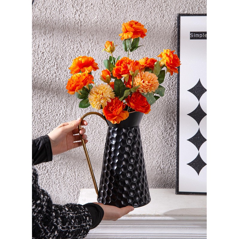Elegant Black Metal Pitcher Vase, Farmhouse Galvanized Flower Vase, Rustic