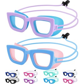 Vvinca Toddler Swim Goggles 2-Pack, Goggles for Kids 6-14 Adjustable Bungee Strap, No Hair Pulling, Anti-Fog UV Protection& Leak-Proof for Kids 3-10 for Pool Water Swimming goggles Pink Purple