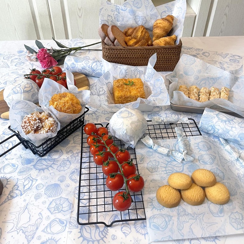 Blue Sea Shell Patterned Wax Sheets Deli Wraps Tray&Basket Liner