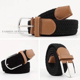 JK Home 3.3cm Wide 115cm Braided Stretch Belt, Elastic Woven Waist Belts with PU Leather Buckle, Casual Men Women Canvas Belt