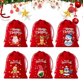 12Pcs Christmas Drawstring Gift Bags,Red Christmas Velvet Drawstring Bags,Xmas Red Velvet Sacks,15x10cm Soft Reusable Christmas Sack with Drawstring,Xmas Gift Bags for Gift Wrapping Party Favors