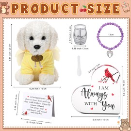 Kenning 5 Pcs Funeral Gift Set Cremation Stuffed Dog for Ashes with Spoon Tiny Urn Keepsake Acrylic Heart Shaped Memorial Plaque Decor Bracelet with Wings for Remember Loss of Loved One (White)