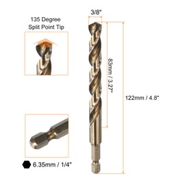sourcing map 1/4" Hex Shank Drill Bit 3/8" Gold Oxide M35 High Speed Steel Twist Drill Bit 135 Degree Split Point Tip Drilling Tool with Quick Change Hex Shank for Metal Wood Plastic