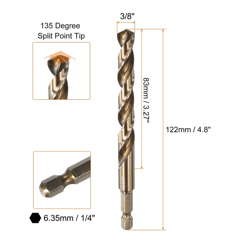 sourcing map 1/4" Hex Shank Drill Bit 3/8" Gold Oxide