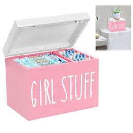 Sanitary Towels Storage Bathroom, 2 Compartments Tampon Holder for Bathroom Tampon Storage Bathroom with Lid Box for Pantiliners Wooden Storage Box Hygiene Items for Girls, Women, Ladies (Pink)