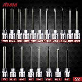 AMM 19-Piece 3/8 Inch Drive Extra Long Allen Hex Bit Socket Set, Standard SAE & Metric (1/8-Inch - 3/8-Inch, 3-12mm), S2 Alloy Steel, Necessary auto repair tools