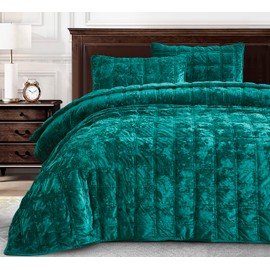 Chezmoi Collection Piers Emerald Green Velvet Quilt King Set, 3-Piece Lush Plush Distressed Velvet Bedding All Season Lightweight Comforter - Brushed Microfiber Reverse with Double Square Stitch