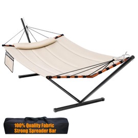 TegerDeger 12FT 2 Person Hammock with Stand Included 55 x 79IN Large Hammock 450LB Capacity with Hardwood Spreader Bar & Nylon Rope for Outside, Patio, Garden, Backyard, Beach, Poolside - Beige