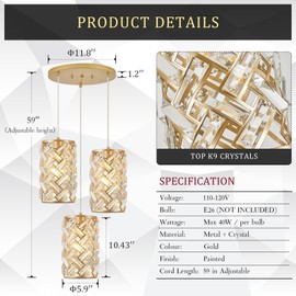 CATINER 3-Light Modern Gold Crystal Pendant Light Luxury Mini Chandelier, Adjustable Cluster Pendant Lighting for Kitchen Island Dinning Room Bedroom Hallway Porch