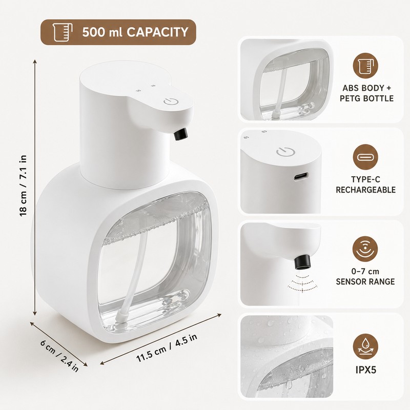 Automatic Foam Soap Dispenser, 500ml Touchless Rechargeable Pump