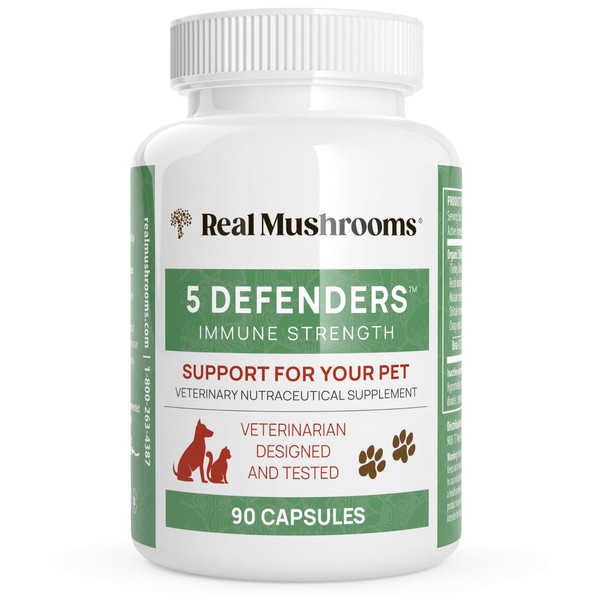 5 Defenders Mushroom Supplements for Cat & Dog Vitamins for Health Support with Chaga, Shiitake, Reishi & Turkey Tail Mushroom - Vet-Approved Mushroom Powder Capsules (90ct)