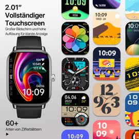 Smartwatch Herren Damen mit Telefonfunktion, 2.01" Touchscreen Smart Watch mit SpO2 Pulsuhren Schlafmonitor, 100+ Sportmodi Fitnessuhr mit Schrittzähler, Wasserdicht Sportuhr für Android iOS (Schwarz)