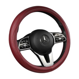 Cowhide Steering Wheel Cover Heat Resistant Anti-Slip Car Wheel Wrap Compatible with Most Makes and Models of Cars and Trucks with 14.5 to 15 Inch Steering Wheel(RED)