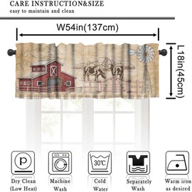 Rustic Farm Kitchen Curtain Valance Vintage Red Barn Cow Windmill Window Treatment Valance for Living Room Bedroom, 54x18in