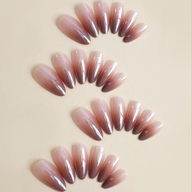 Gradient chrome metallic color Press on Nails Almond Medium fake nails Glossy caramel color Design Glue on Nails Full Cover Acrylic Fake Nails Reusable Stick On Nails for Women Girls Daily Wear 24Pcs